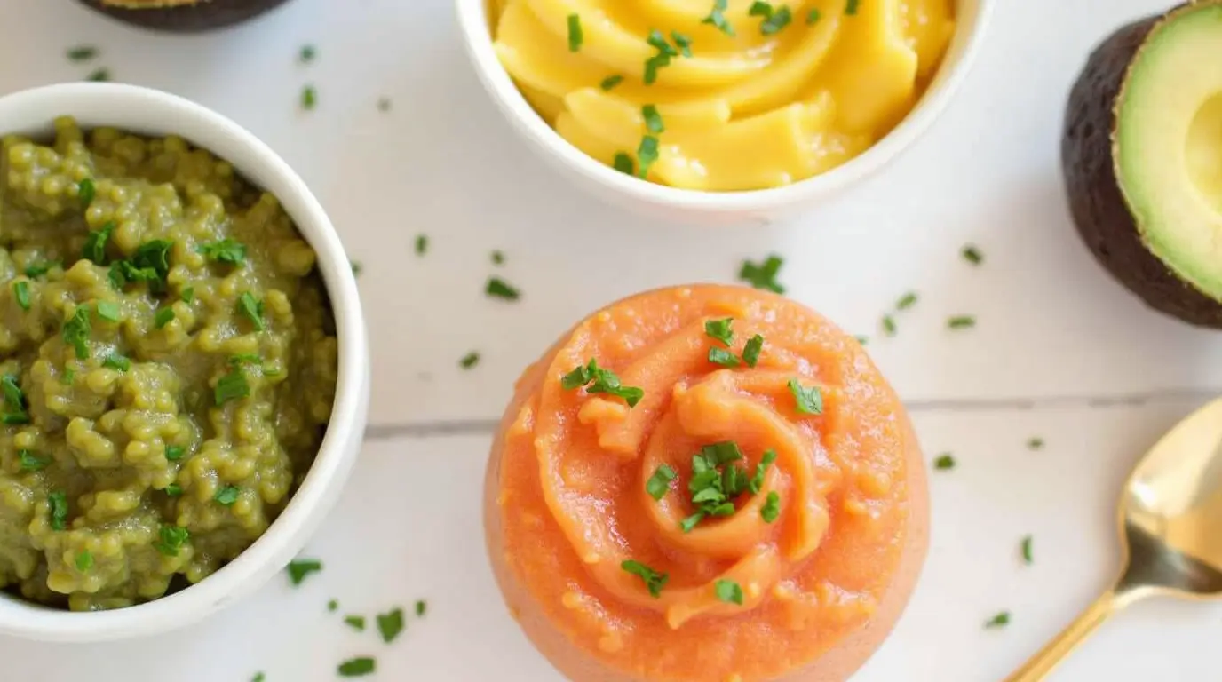 A variety of colorful homemade baby purees, including avocado, carrot, and lentil blends, garnished with fresh herbs for maximum nutrition.