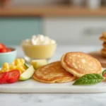 A colorful plate of baby-friendly finger foods featuring mini pancakes, fresh strawberries, apple slices, and soft cheese, perfect for baby-led weaning.