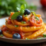 A vibrant plate of organic mashed sweet potatoes layered with tomato sauce, garnished with fresh herbs, blueberries, and a sprig of mint.