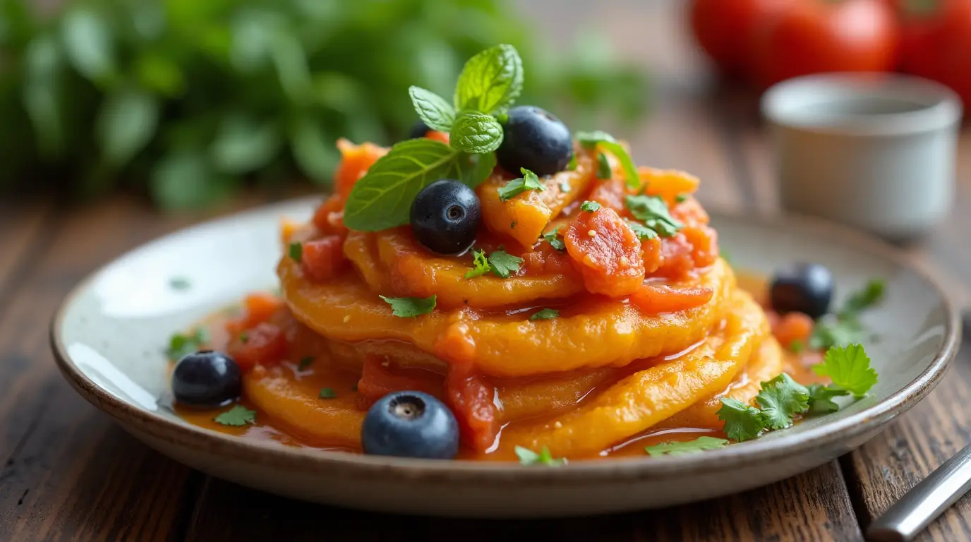 A vibrant plate of organic mashed sweet potatoes layered with tomato sauce, garnished with fresh herbs, blueberries, and a sprig of mint.