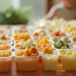 A variety of freshly prepared baby food stored in small containers, showcasing vibrant colors and healthy ingredients.