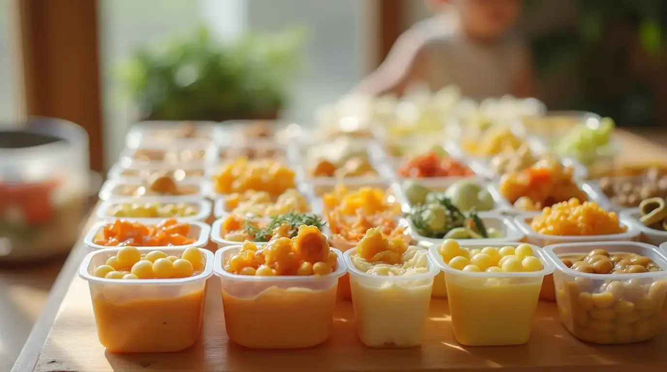 A variety of freshly prepared baby food stored in small containers, showcasing vibrant colors and healthy ingredients.