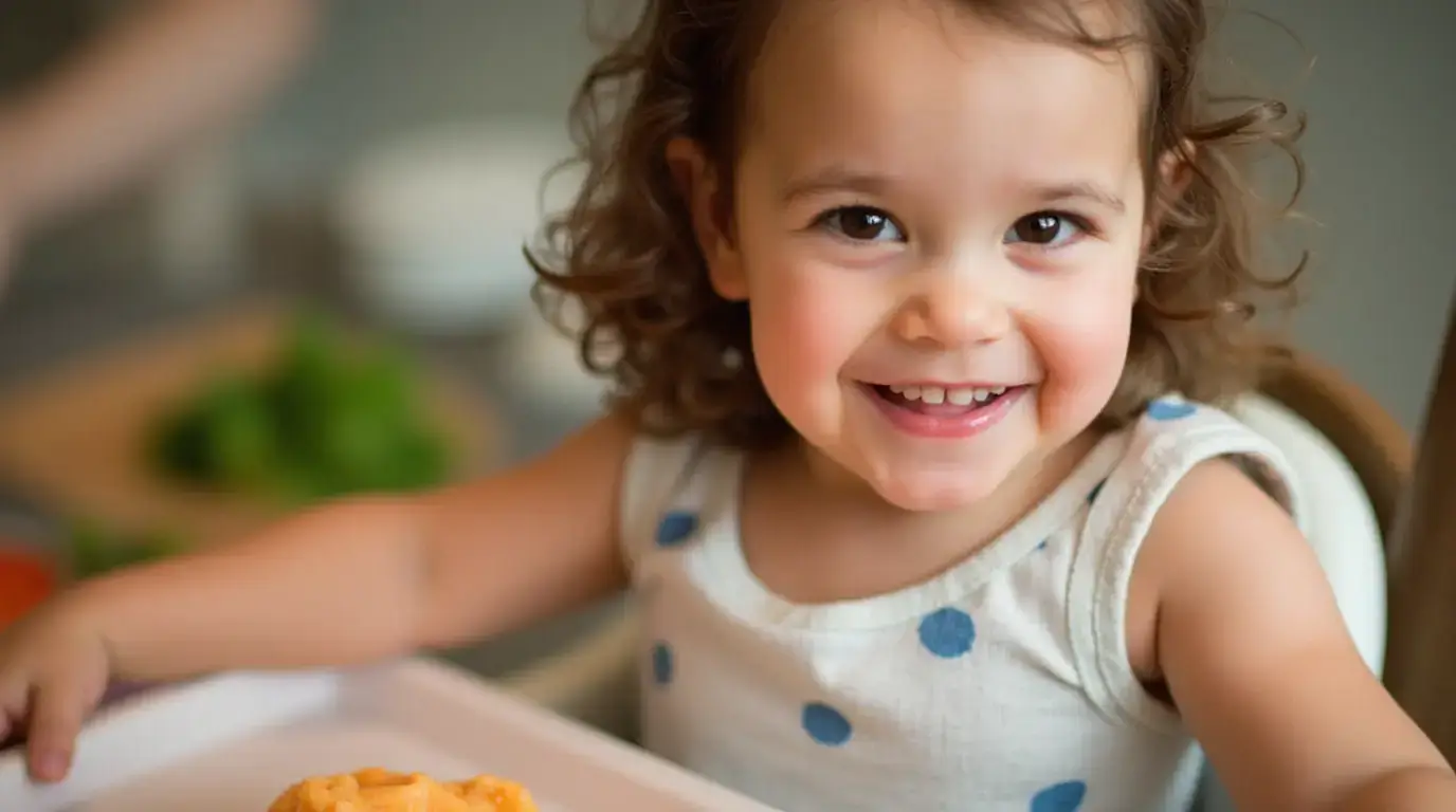 A smiling toddler enjoying a meal with homemade baby food puree.