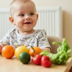 A happy baby sitting at a table with a variety of fresh fruits and vegetables, exploring plant-based foods.