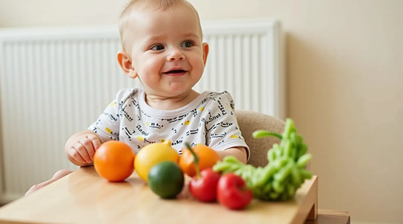 A happy baby sitting at a table with a variety of fresh fruits and vegetables, exploring plant-based foods.