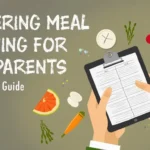 Illustrated guide showing hands holding a meal planning checklist with fruits, vegetables, and kitchen essentials around it, titled "Mastering Meal Planning for Busy Parents: A Stress-Free Guide."