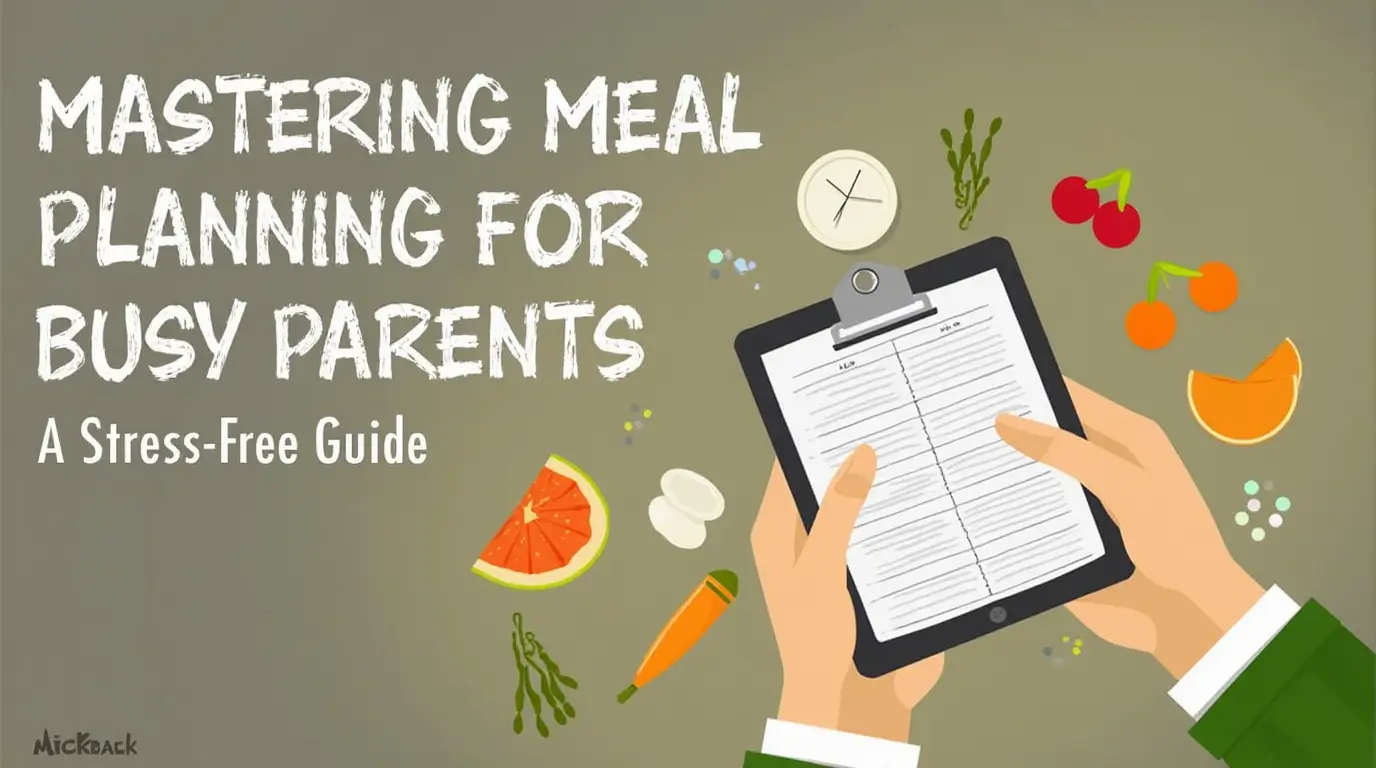 Illustrated guide showing hands holding a meal planning checklist with fruits, vegetables, and kitchen essentials around it, titled "Mastering Meal Planning for Busy Parents: A Stress-Free Guide."