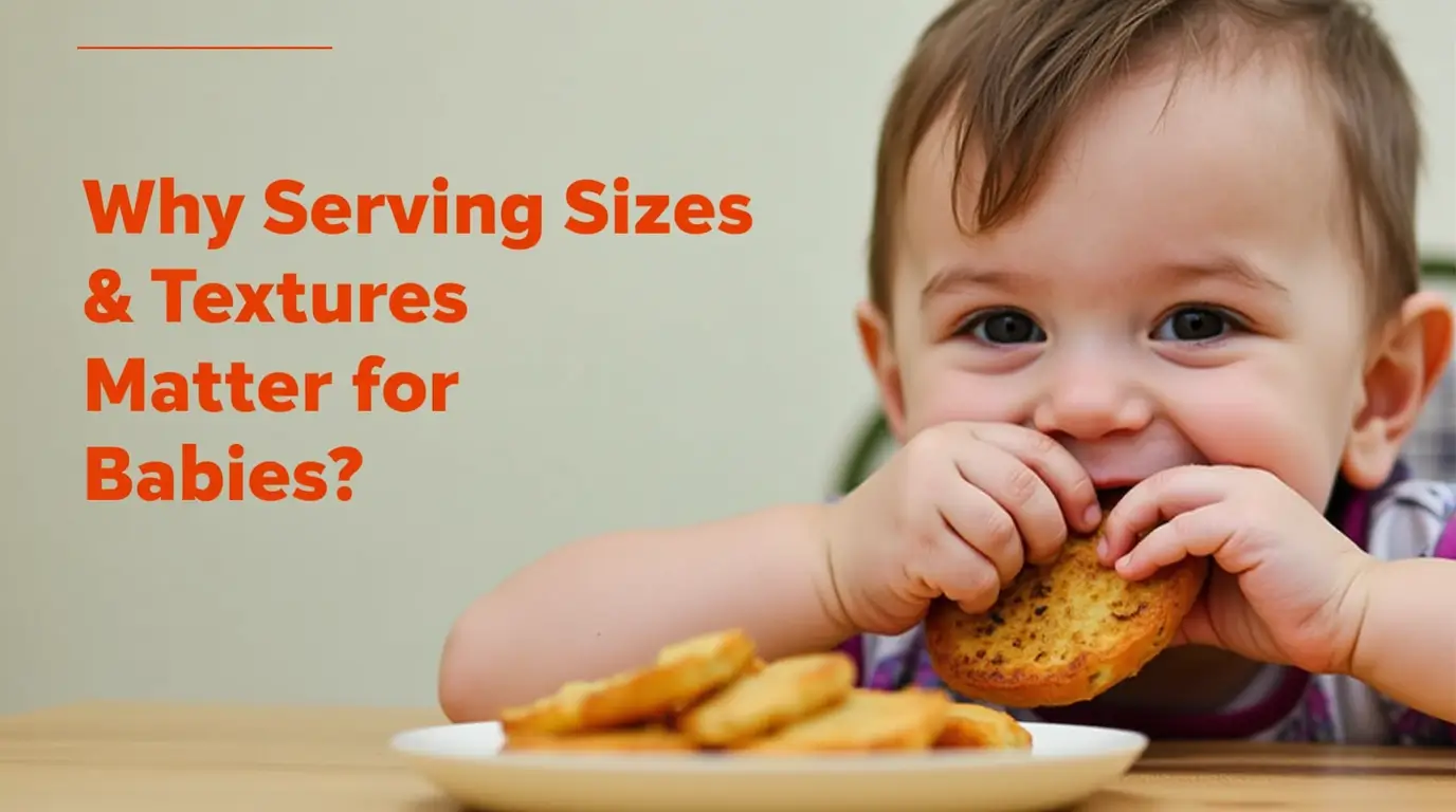 A happy baby enjoying a textured snack, highlighting the importance of serving sizes and textures in baby-led weaning.