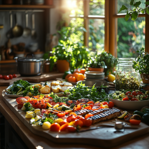 Sunlit kitchen counter with fresh organic vegetables, herbs, and prepared dishes, showcasing vibrant ingredients for quick, healthy meals