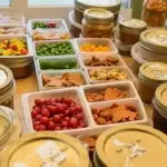A variety of organic baby food containers and jars neatly arranged on a countertop as part of a weekly meal prep.