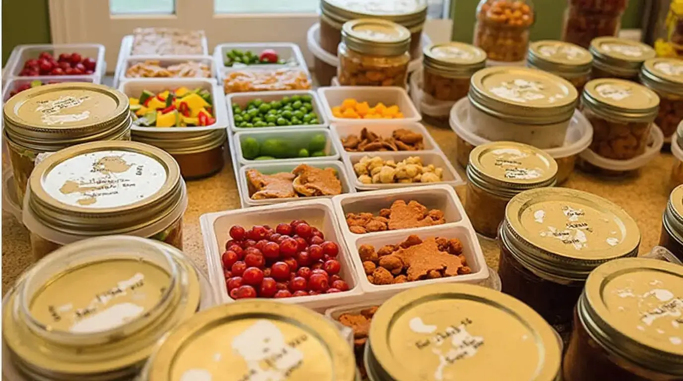 A variety of organic baby food containers and jars neatly arranged on a countertop as part of a weekly meal prep.