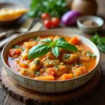 A hearty vegetable stew featuring chunks of sweet potato, carrots, and tomatoes, garnished with fresh basil, perfect for baby-led weaning.