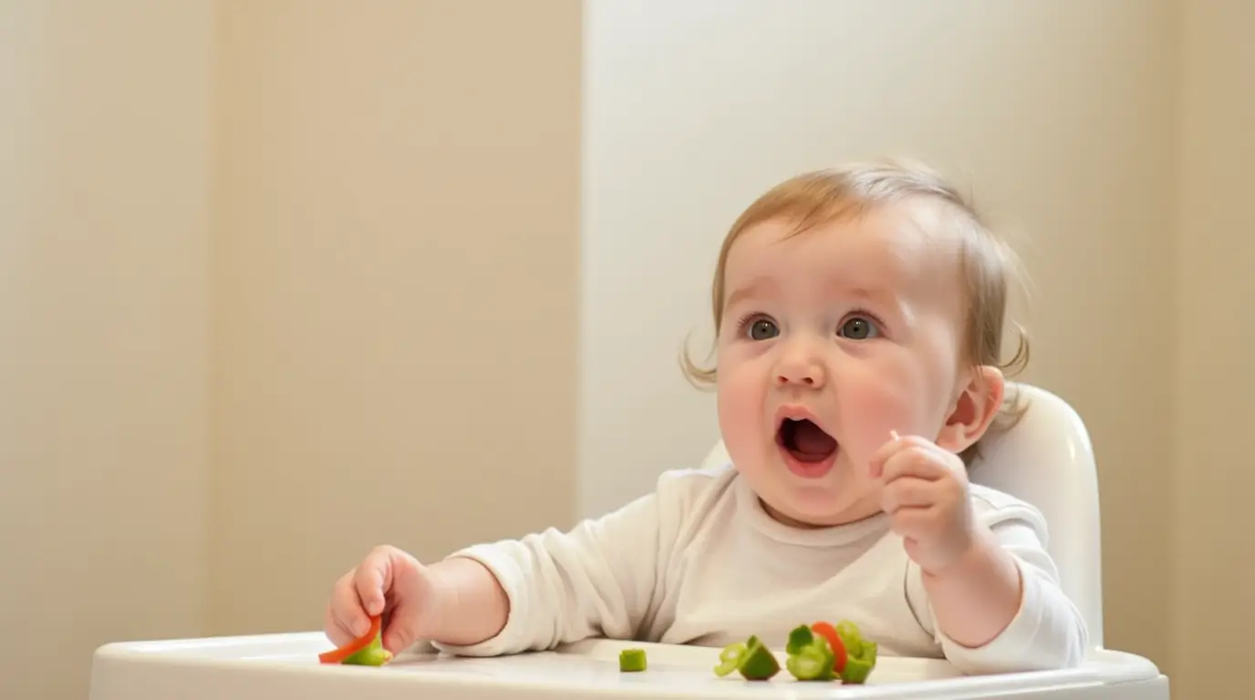 A baby sitting in a high chair, reacting to food with an expression of surprise while holding small vegetable pieces, illustrating picky eating habits.