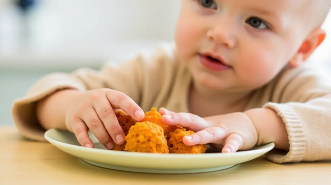 A baby exploring a nutritious baby-led weaning meal with mashed sweet potato on a slice of baked potato.