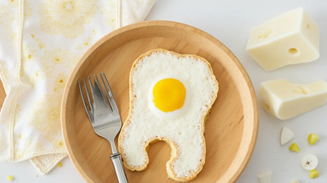 A fun breakfast idea for babies featuring a sunny-side-up egg nestled inside a slice of bread cut into a cute shape, served on a wooden plate with a fork.