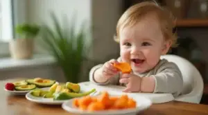A happy baby enjoying a slice of cooked carrot with plates of avocado slices and other baby-led weaning foods in the background.