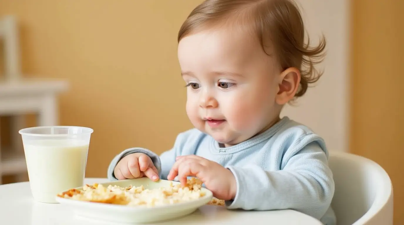 A baby enjoying a plate of nutritious homemade infant food paired with a cup of milk on a highchair.