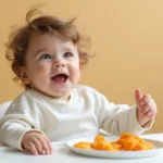 A cheerful baby sitting in a highchair, enjoying a plate of wholesome orange-colored food pieces.