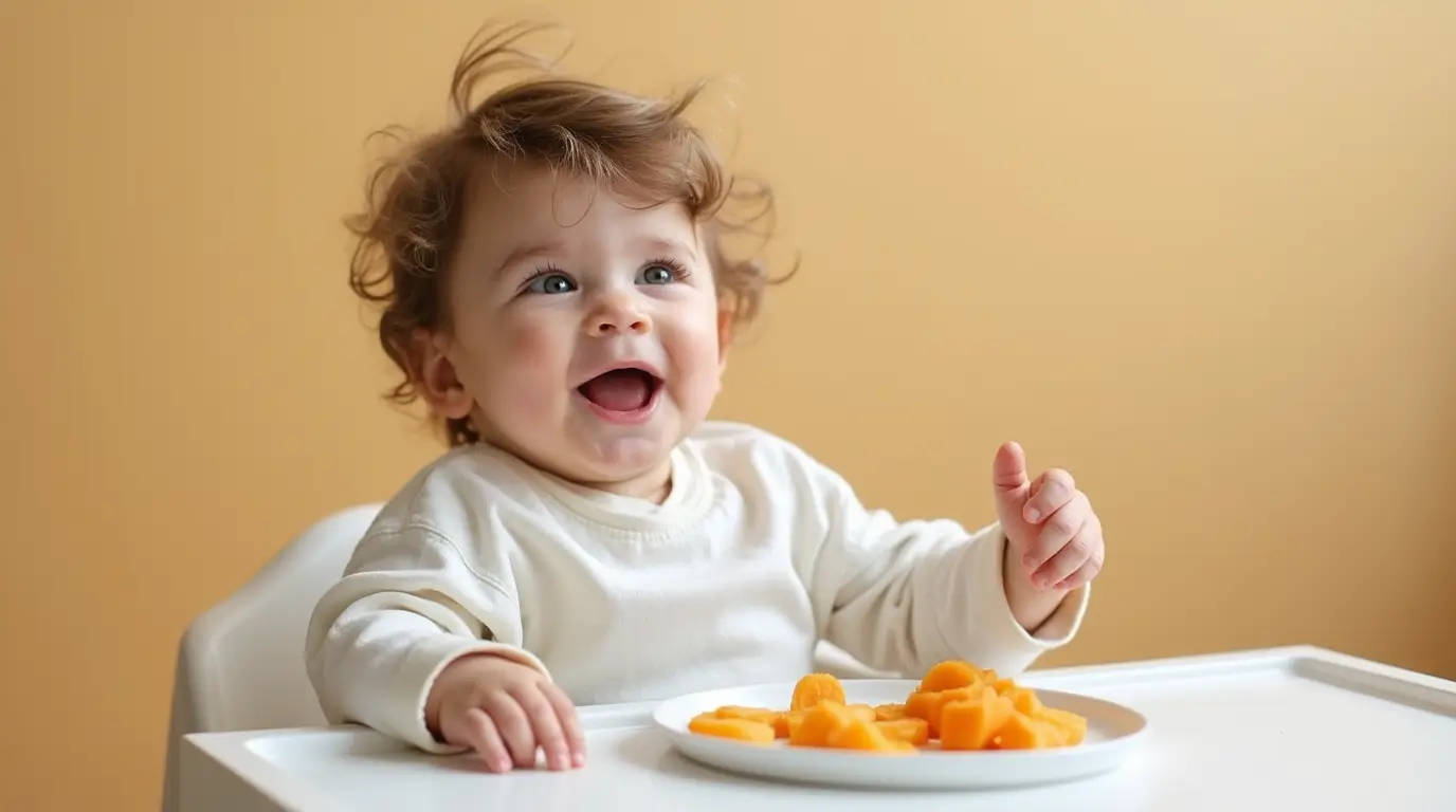 A cheerful baby sitting in a highchair, enjoying a plate of wholesome orange-colored food pieces.