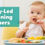 A baby practicing baby-led weaning, eating a green vegetable with a plate of nutritious finger foods