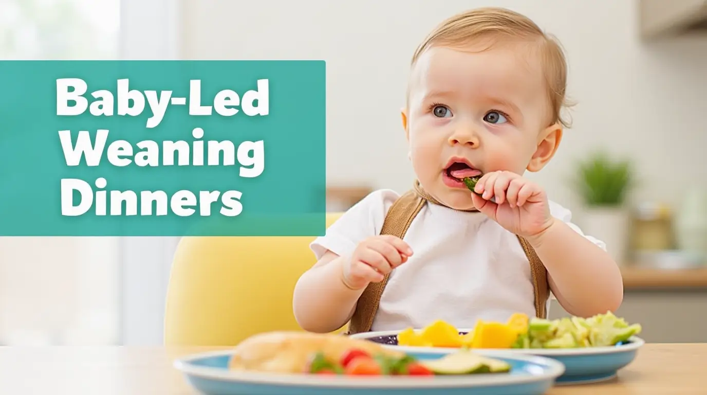 A baby practicing baby-led weaning, eating a green vegetable with a plate of nutritious finger foods