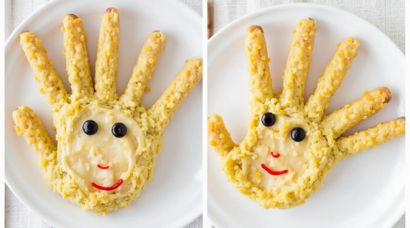 Creative baby finger food arrangement shaped like a hand, made from millet and banana puree with blueberry eyes and a smiley face.