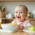 A happy baby enjoying a nutritious homemade meal with fresh fruit and juice in a kitchen setting.