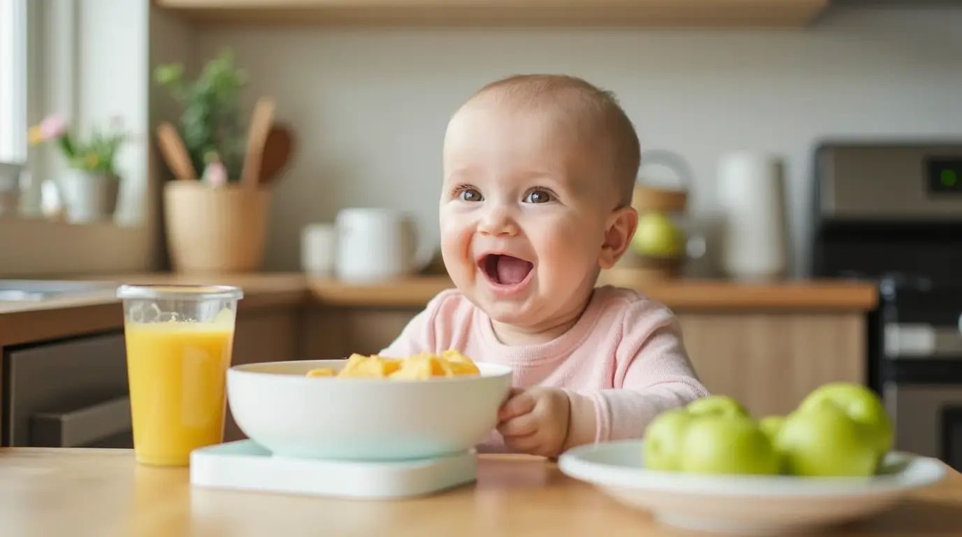 A happy baby enjoying a nutritious homemade meal with fresh fruit and juice in a kitchen setting.