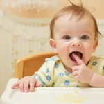 A happy baby exploring new flavors while starting solid foods, making mealtime fun and nutritious.