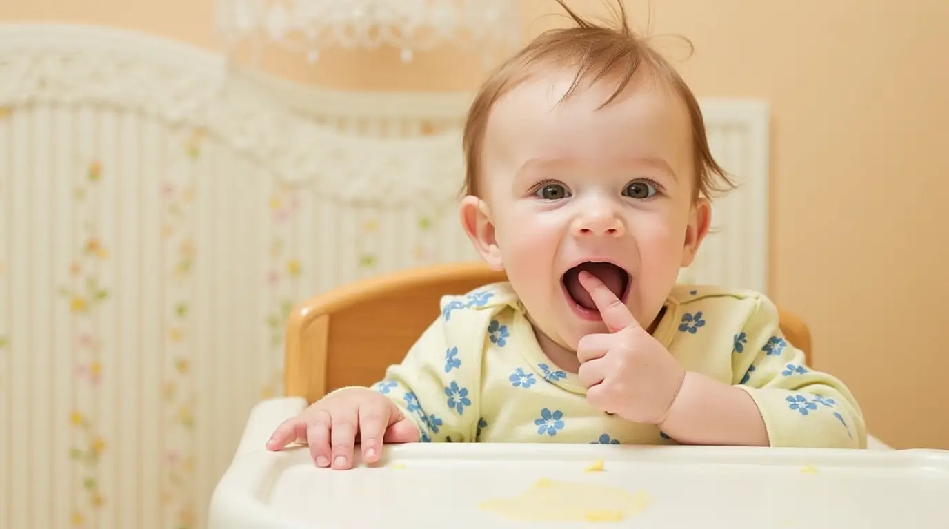 A happy baby exploring new flavors while starting solid foods, making mealtime fun and nutritious.
