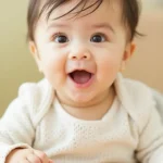 A happy baby in a white sweater, smiling with excitement, ready to explore new first foods.
