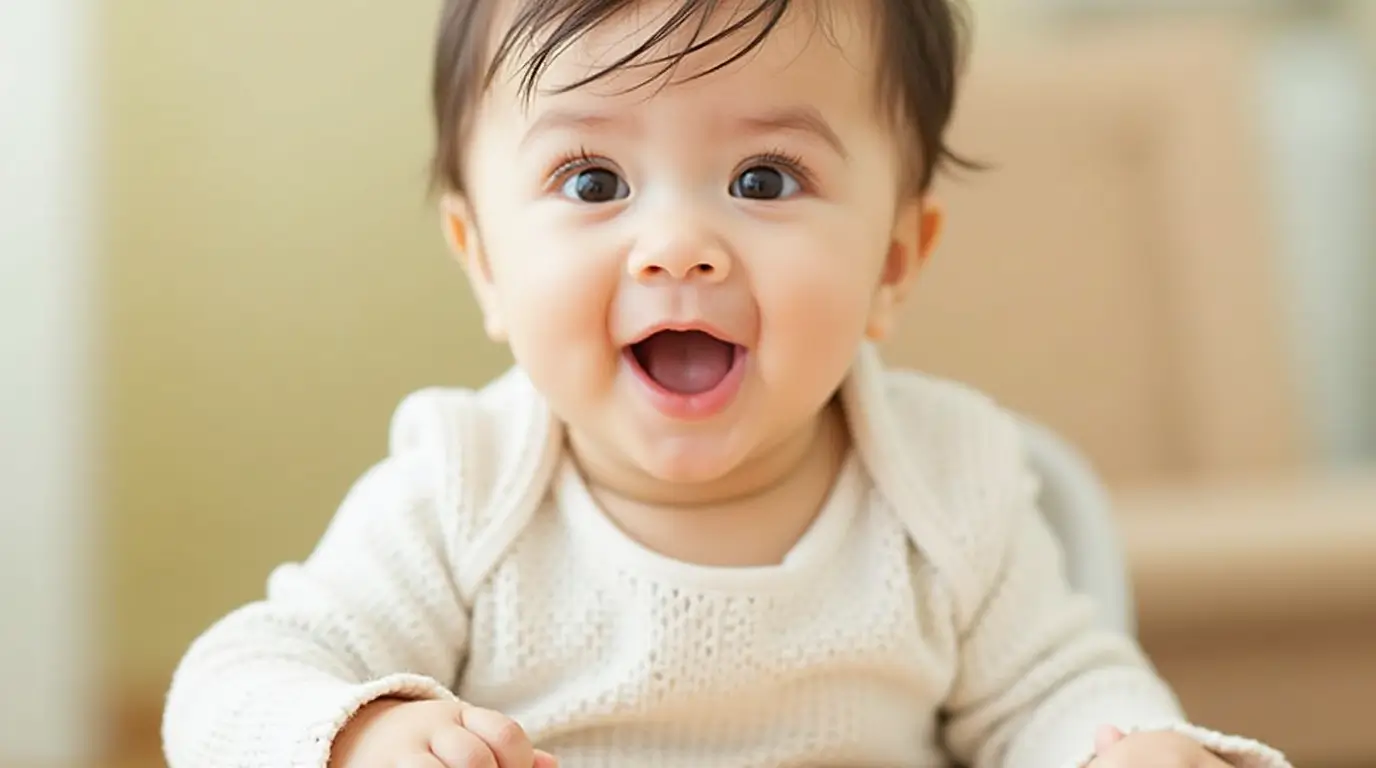 A happy baby in a white sweater, smiling with excitement, ready to explore new first foods.