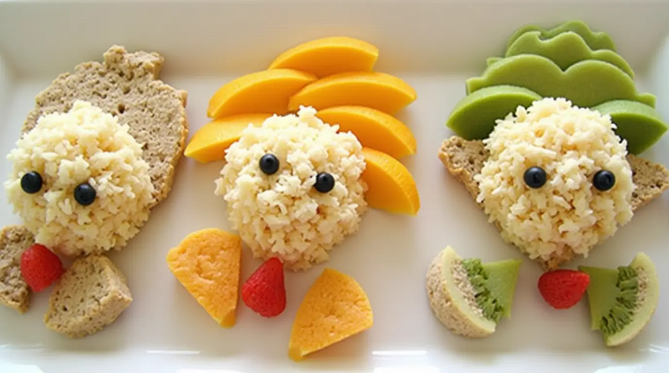 Fun and nutritious homemade baby food arranged as cute animal shapes using rice, whole wheat bread, fruit slices, and berries.
