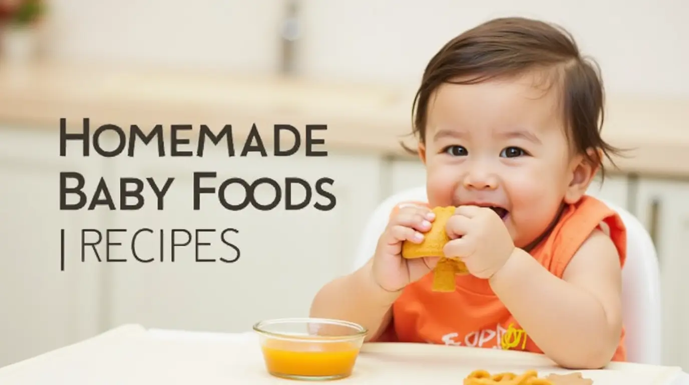 A happy baby enjoying homemade baby food with a fresh puree and finger food, promoting healthy eating habits.